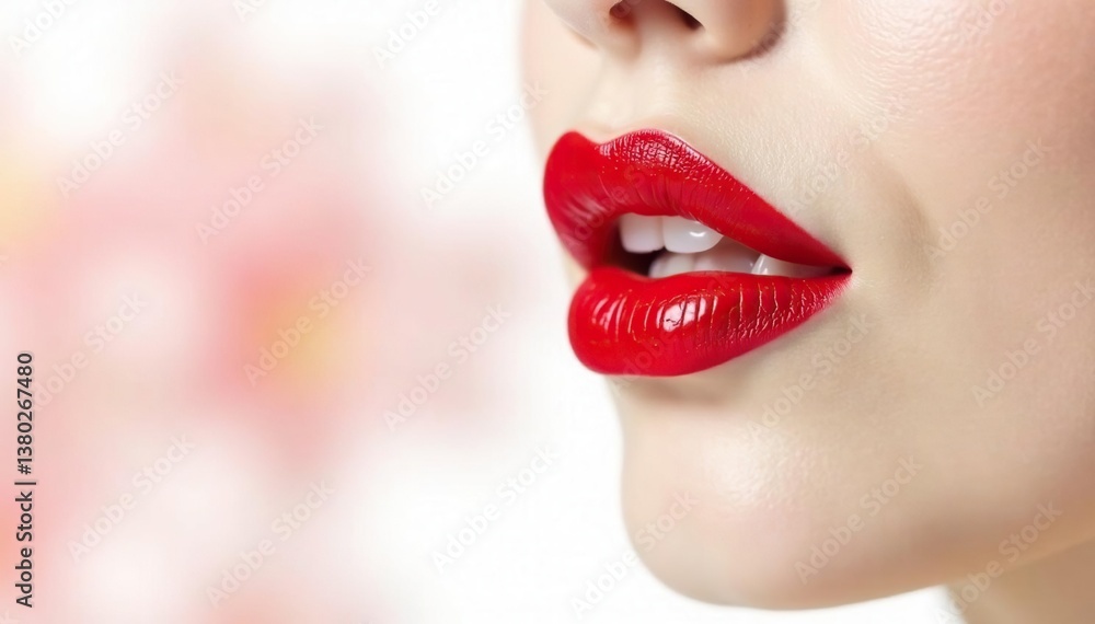 Fototapeta premium Intensely colored red lips set against a stark white , red, banner, color