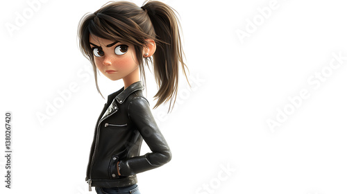 A cartoon girl with a black jacket and a ponytail