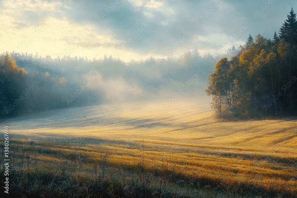 Misty Morning Over Rolling Fields with Autumn Trees and Gentle Fog Misty Morning Over Rolling Fields with Autumn Trees and Gentle Fog