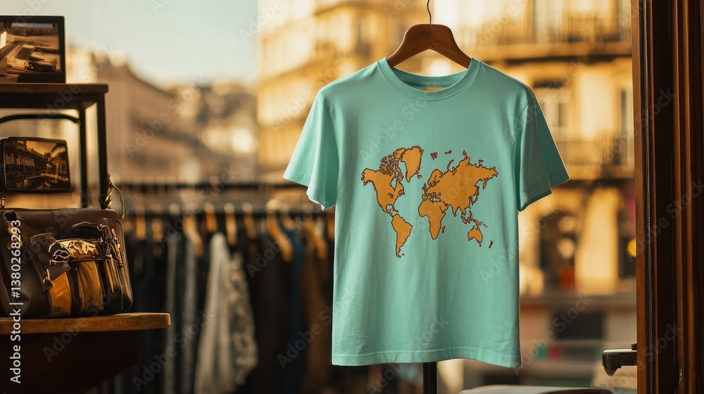 Obraz premium Colorful World Map Design on Casual T-Shirt in Boutique Setting