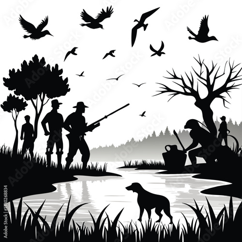 Wildlife Duck animals hunting hunt panorama vector illustration - Black silhouette of hunter with rifle gun and dog at the lake or river shoots at flying mallard ducks, isolated on white background