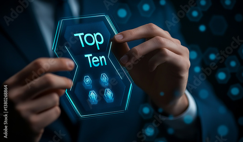Businessman touching a virtual screen with Top Ten text and icons on a hexagonal background, a business concept for a top ten list or best abstraction