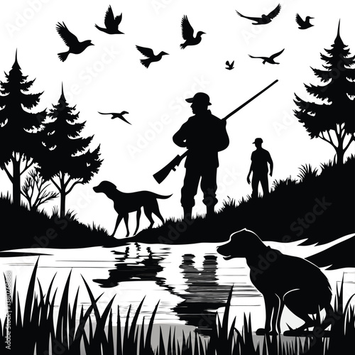 Wildlife Duck animals hunting hunt panorama vector illustration - Black silhouette of hunter with rifle gun and dog at the lake or river shoots at flying mallard ducks, isolated on white background