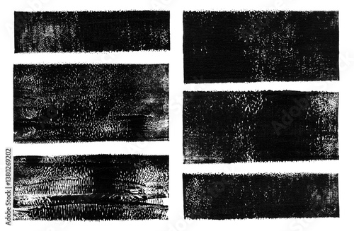 Linocut, relief printing rectangle shapes, text boxes, frames, grunge black wide stripes rough textures set. Paint roller stains, lino ink grungy artistic aged retro linocutting textured backgrounds