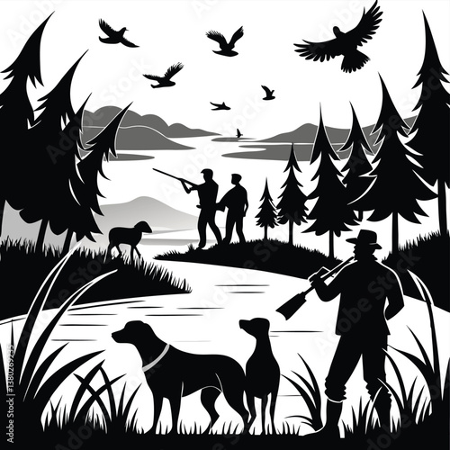 Wildlife Duck animals hunting hunt panorama vector illustration - Black silhouette of hunter with rifle gun and dog at the lake or river shoots at flying mallard ducks, isolated on white background