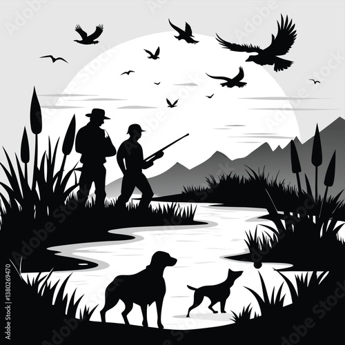 Wildlife Duck animals hunting hunt panorama vector illustration - Black silhouette of hunter with rifle gun and dog at the lake or river shoots at flying mallard ducks, isolated on white background