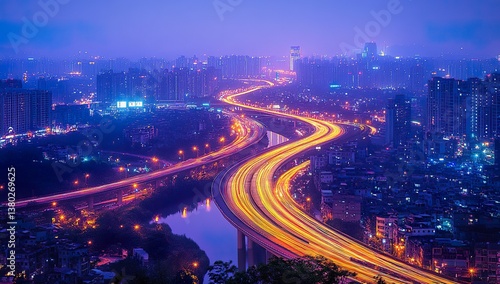 Top-Down View of an Illuminated Highway with Multiple Roads and Glowing Streetlights, Focused on Intricate Light Patterns from Car Trails, Prominent Yellow Trail Leading to a Large Nighttime Cityscape
