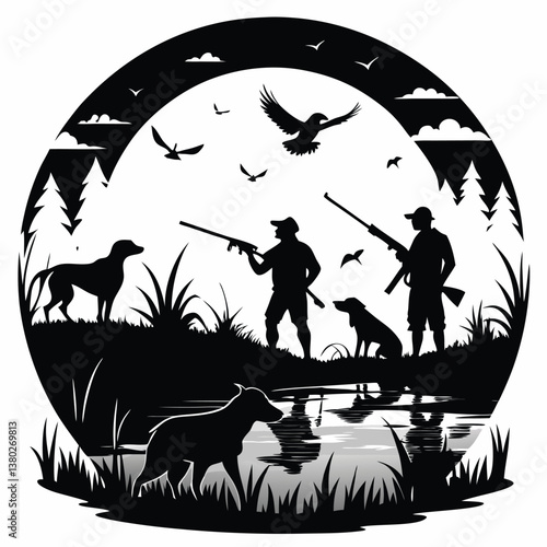 Wildlife Duck animals hunting hunt panorama vector illustration - Black silhouette of hunter with rifle gun and dog at the lake or river shoots at flying mallard ducks, isolated on white background