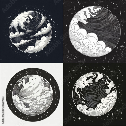 Artistic black and white celestial illustrations with clouds and stars  