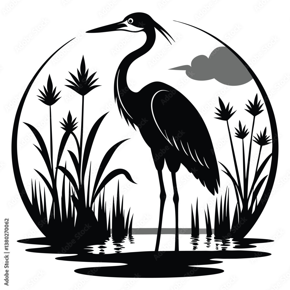 Fototapeta premium A striking black and white silhouette of a heron standing in water, perfect for nature, wildlife, and tattoo designs
