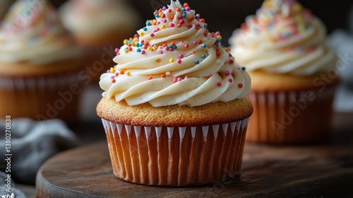 Frosted cupcake adorned with colorful sprinkles on wooden board. Yummy treat