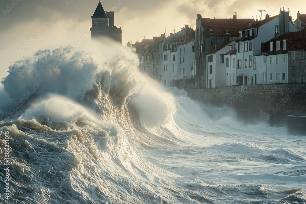 Tsunami Wave Approaching Coastal Town, tidal wave slams into shoreline, buildings and streets submerged, catastrophic impact on city