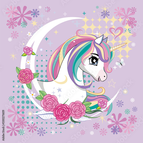 Unicorn head in crescent moon shape.