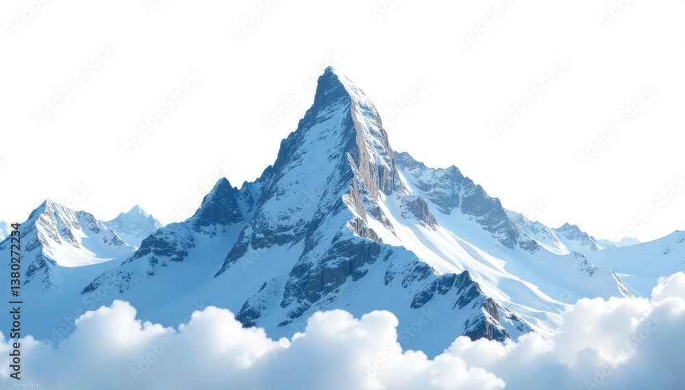 Fototapeta premium Snow-covered mountain peak, dramatic silhouette on bright white background, landscape, white