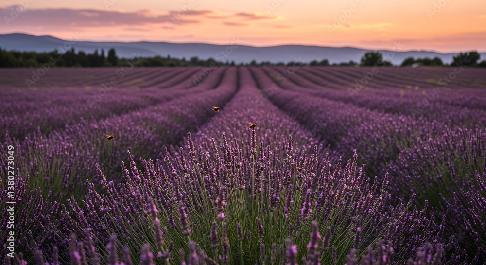 Obraz premium Vibrant Purple Lavender Field at Sunset with Honeybees