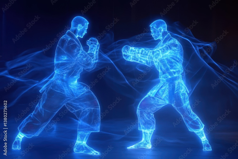 Martial artists in a dynamic holographic display during a training session Martial artists in a dynamic holographic display during a training session