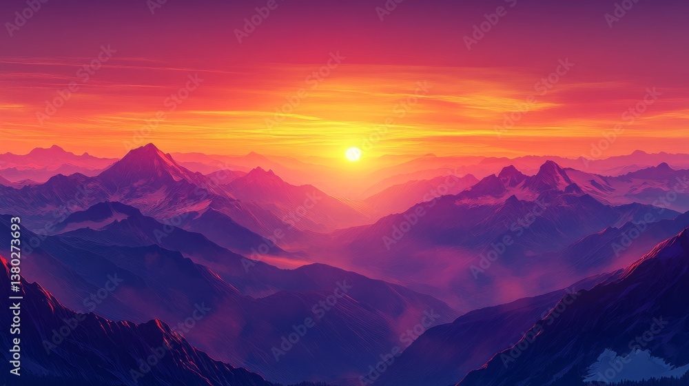 Stunning sunset view over a vast mountain range with colorful sky and silhouette landscape Stunning sunset view over a vast mountain range with colorful sky and silhouette landscape