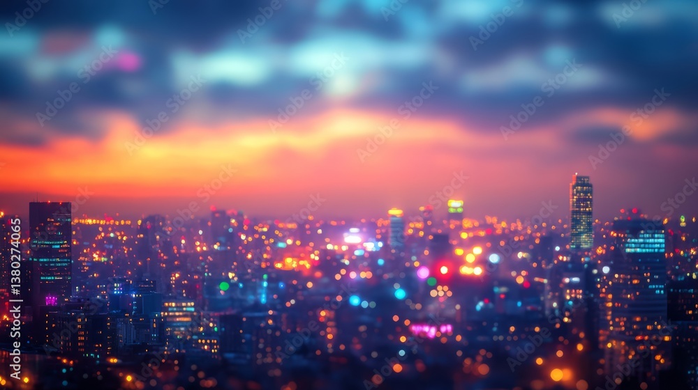 Fototapeta premium Nighttime cityscape with illuminated buildings and busy streets in urban environment
