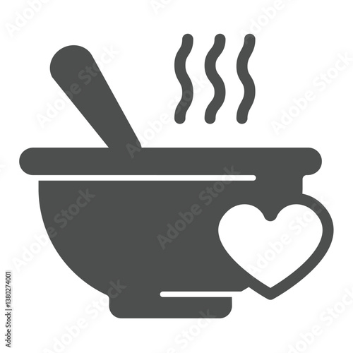 Hot soup plate with spoon and heart solid icon, charity concept. Vector graphics. Soup, hot dinner for free sign on white background, glyph style icon for mobile or web design.