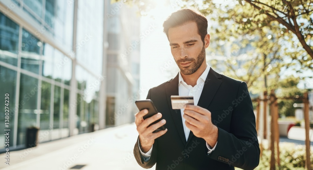 Young caucasian male in suit holding credit card and smartphone outdoors in urban setting Young caucasian male in suit holding credit card and smartphone outdoors in urban setting