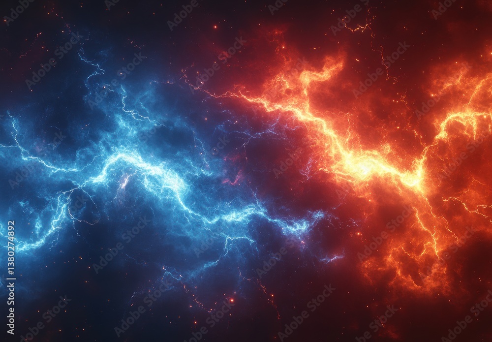 Electric Storm Abstract Background of Red and Blue Lightning Bolts with Fractal Energy Effects Electric Storm Abstract Background of Red and Blue Lightning Bolts with Fractal Energy Effects