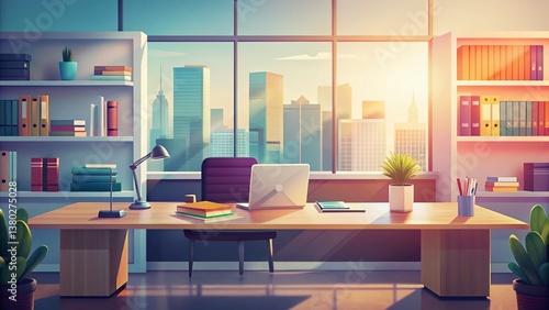 Wallpaper Mural Empty Office Desk Panoramic: Books, Supplies & Blurred Library Background - Perfect for Product Placement Torontodigital.ca