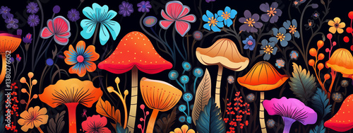 Fantasy Mushrooms and Wild Flowers in a Vibrant Nocturnal Forest Scene