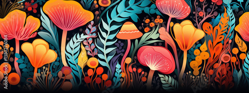 Abstract Fungi and Bright Botanical Shapes in a Dreamlike Nighttime Garden