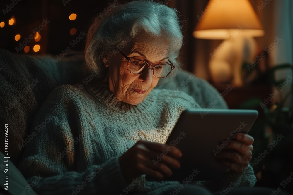 Elderly Woman Using Tablet in Cozy Home, library-inspired education and learning, relaxing indoors with a smart digital approach