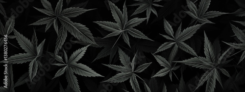 Dark Cannabis Leaves Pattern On Black Background
