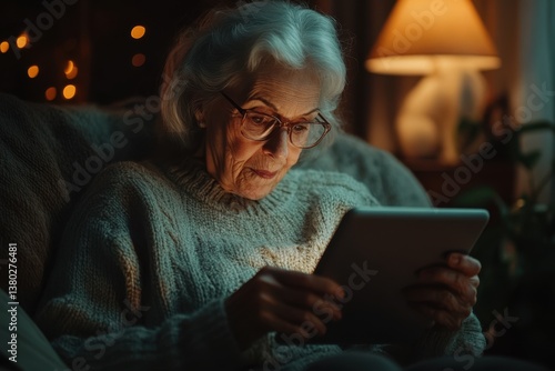 Obraz na płótnie Elderly Woman Using Tablet in Cozy Home, library-inspired education and learning, relaxing indoors with a smart digital approach w salonie