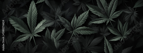 Dark Green Cannabis Leaves on Black Background in a Seamless Pattern