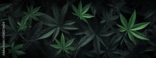 Lush Cannabis Leaves with Vivid Greens on Dark Background