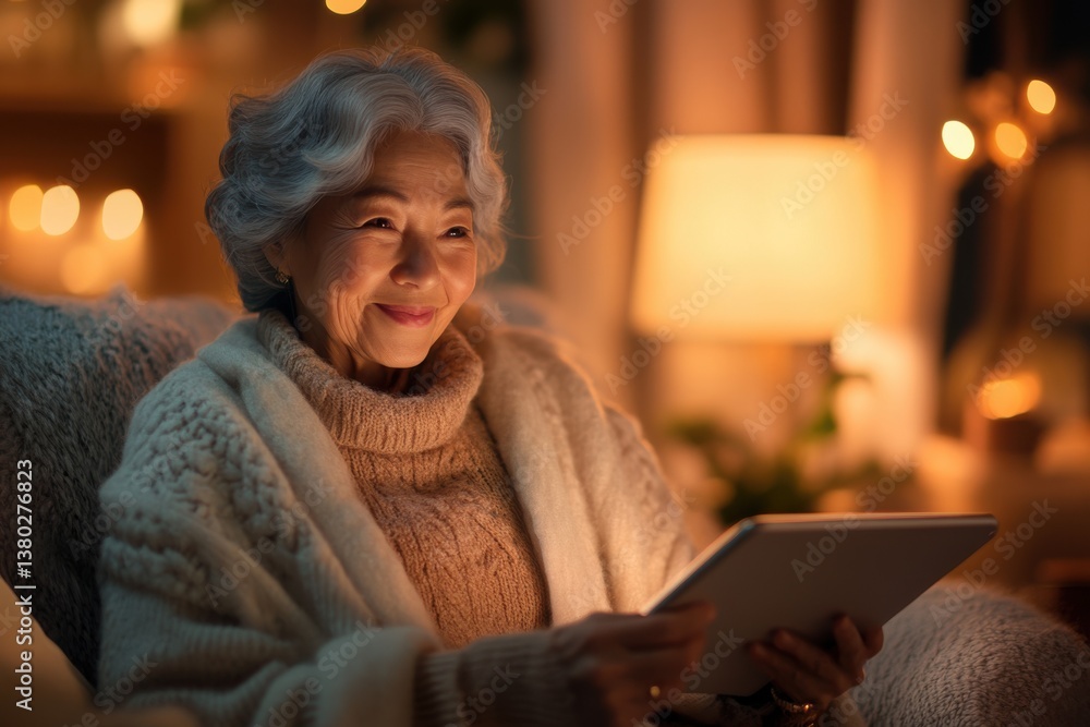 Elderly Woman Using Tablet in Cozy Home, classic reading and focus on technology, elderly enjoying a peaceful and modern world