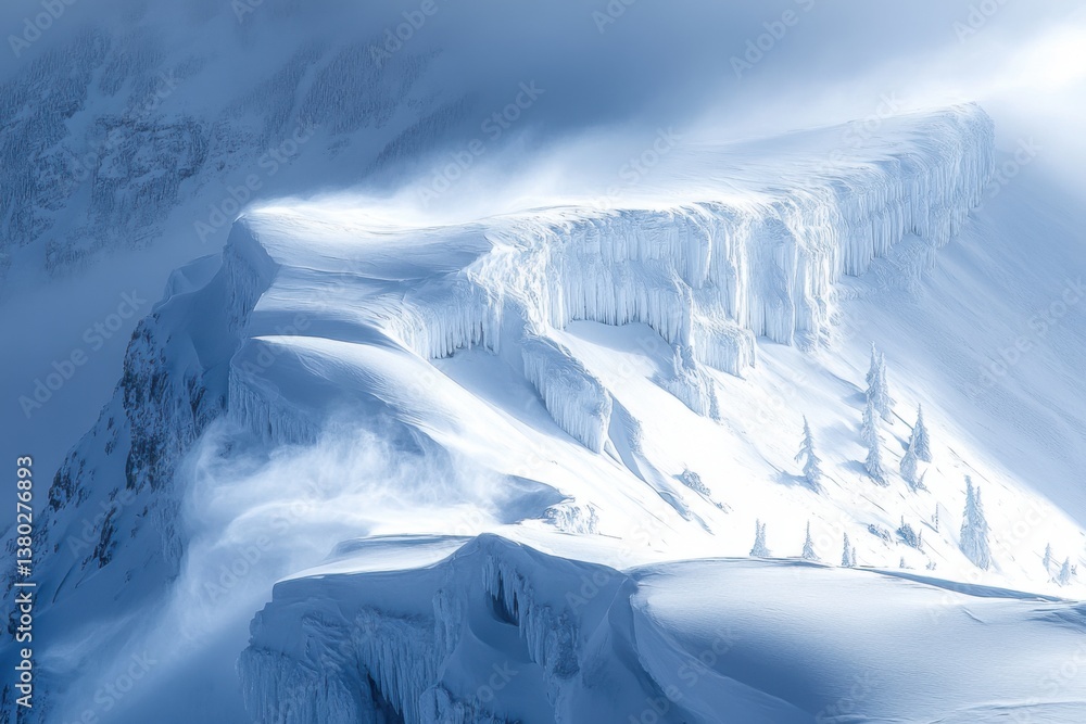 Snow Cliff, icy summit and pristine environment, blizzard sweeping across the landscape