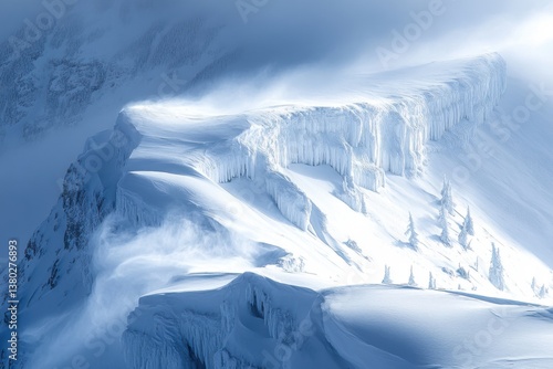 Snow Cliff, icy summit and pristine environment, blizzard sweeping across the landscape