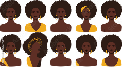 Set of silhouette afro girl. Collection of black woman face with stylized hairstyle. 