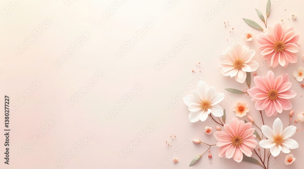 Spring flowers on a pastel background, delicate peach, beige colors. Use for a banner, cover, decoration, poster. Copy space Spring flowers on a pastel background, delicate peach, beige colors. Use for a banner, cover, decoration, poster. Copy space