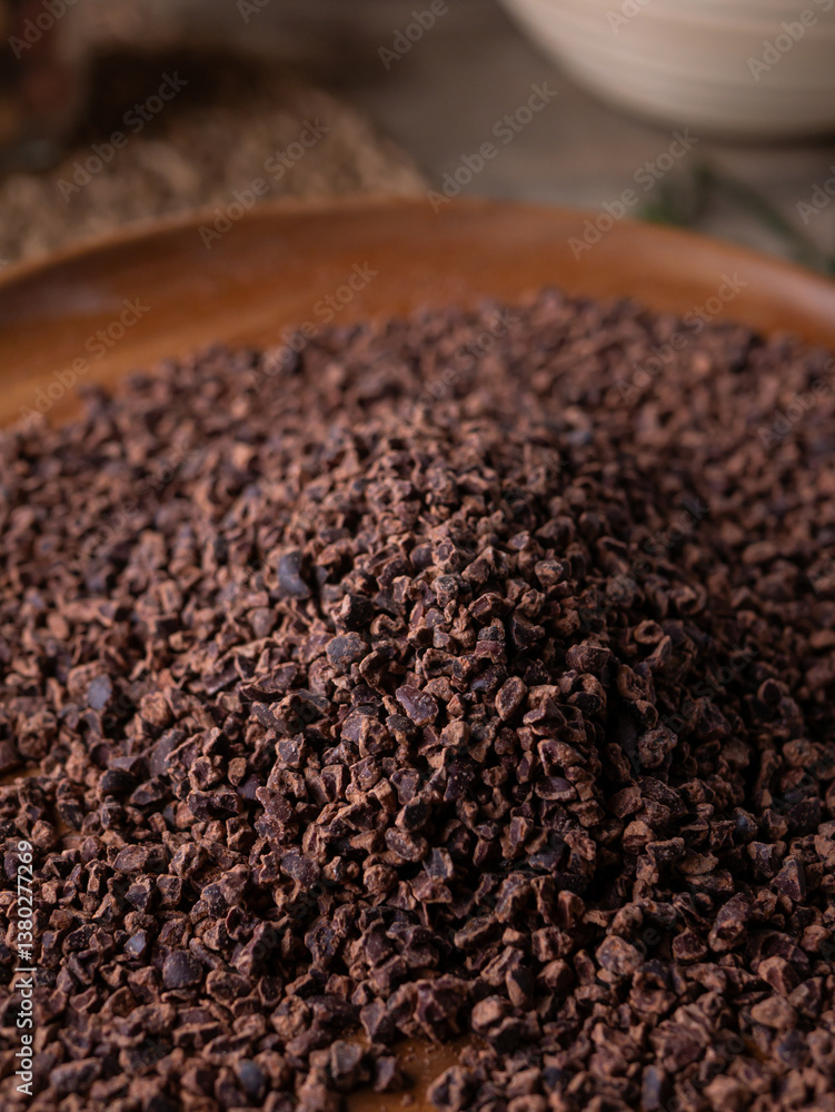 close up Organic Cacao nibs or Cacao chips. close up Organic Cacao nibs or Cacao chips.