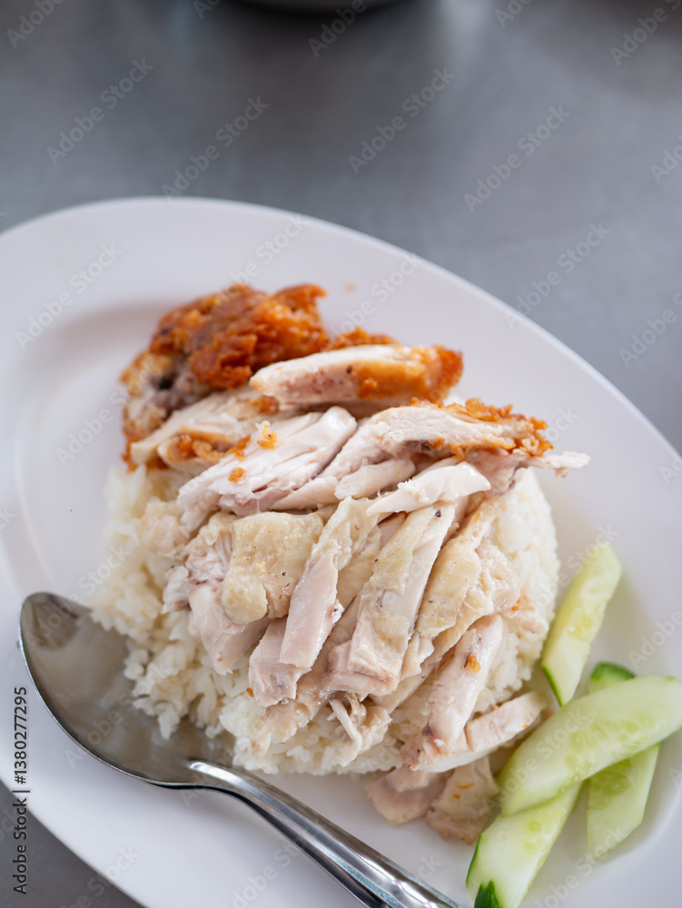Hainanese Chicken Rice, Steamed chicken rice, Kao-Mun-Kai Thai street food. Hainanese Chicken Rice, Steamed chicken rice, Kao-Mun-Kai Thai street food.
