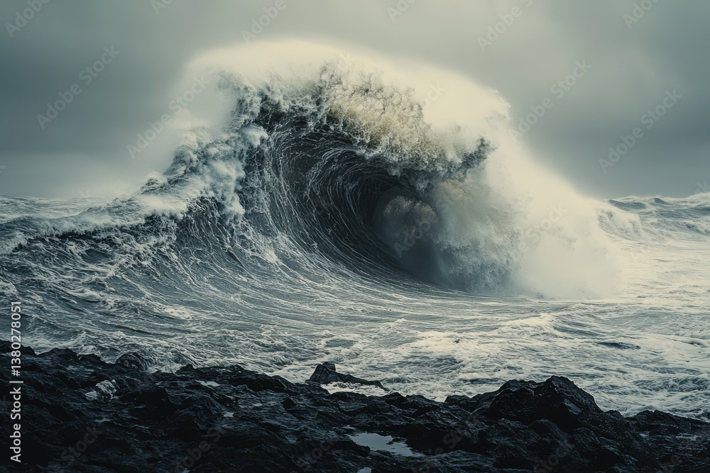 Storm Surge Waves Crashing Against Coastal Cliffs, foam and spray from powerful storm surge, coastal erosion from strong tides, turbulent sea impact.