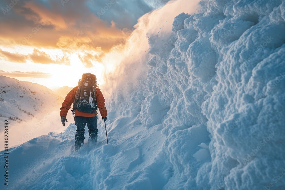 Climber Facing Winds on Snowy Mountain Ridge, pushing limits in an adventure of survival, reaching a dramatic peak in the winter wilderness.