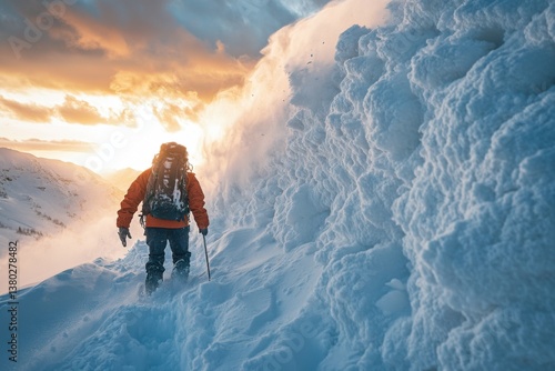 Obraz na płótnie Climber Facing Winds on Snowy Mountain Ridge, pushing limits in an adventure of survival, reaching a dramatic peak in the winter wilderness. w salonie