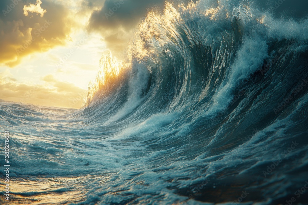 Giant Ocean Wave, sea tide crashing with immense power, coastal current in motion with wild turbulence.