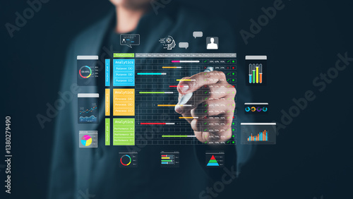 Project manager task business chart KPI work schedule, tasks plan system Scheduling analysis activities representing corporate efficiency, productivity, and timeline tracking calendar