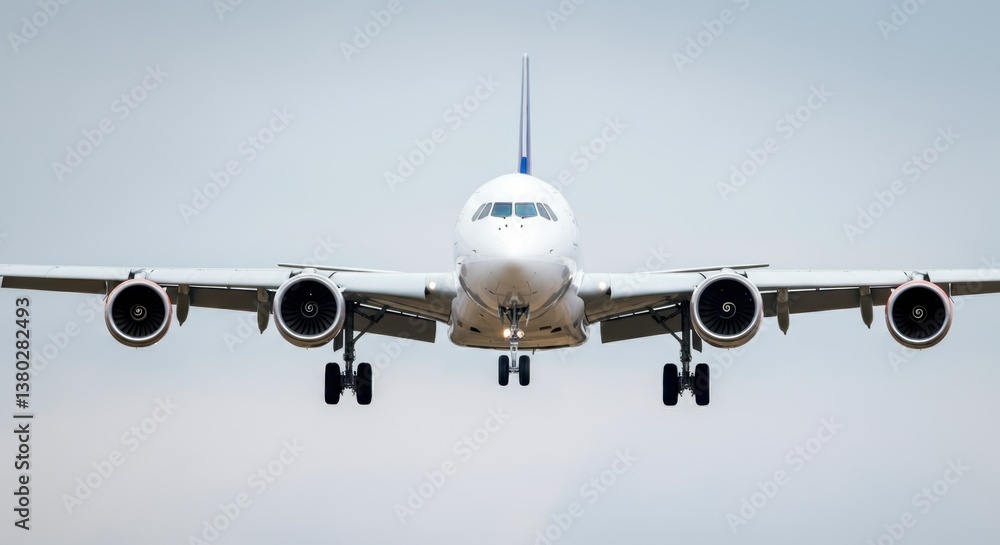 Large passenger airplane front view in flight with landing gear extended Large passenger airplane front view in flight with landing gear extended