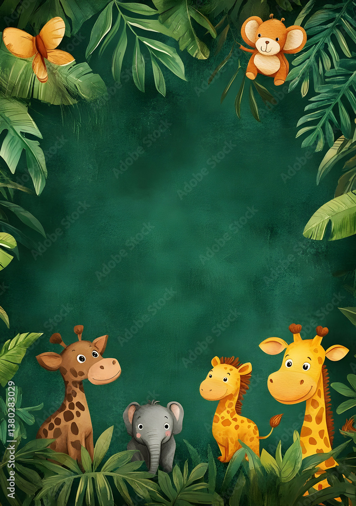 Fototapeta premium A playful illustration featuring a giraffe, elephant, and monkey among tropical foliage.