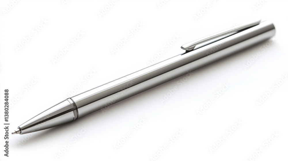 Sleek silver ballpoint pen with smooth finish and retractable tip on white background Sleek silver ballpoint pen with smooth finish and retractable tip on white background