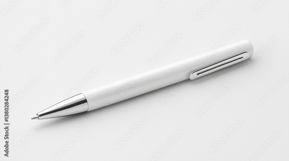 Sleek white ballpoint pen with silver accents on plain background Sleek white ballpoint pen with silver accents on plain background