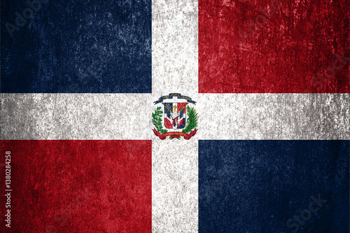Dominican Republic state flag on a metal surface. Dirty grunge Dominican Republic  flag.